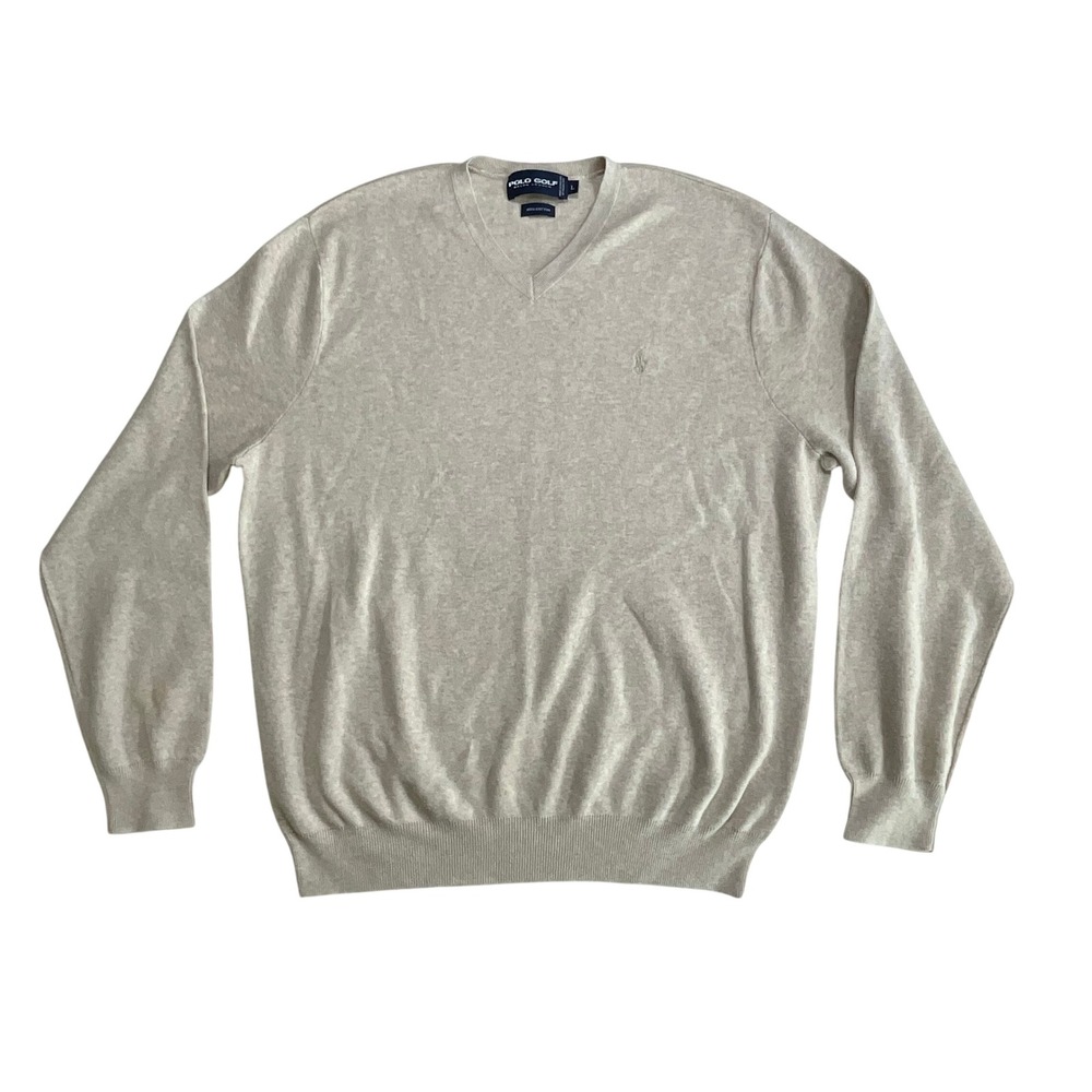 Polo Golf Ralph Lauren Men's‎ L Beige V-Neck 100% Cotton Sweater